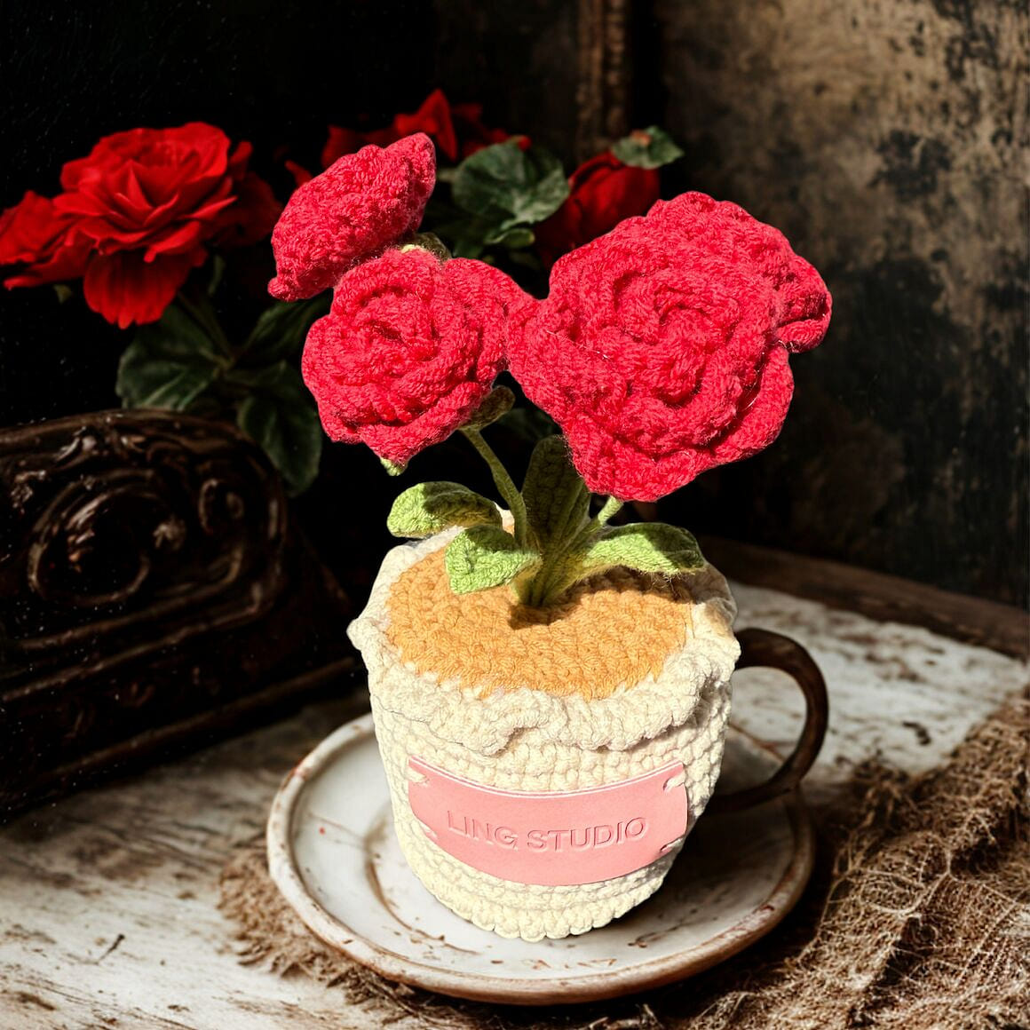 Crochet Flower- Spray Red Rose 1 each