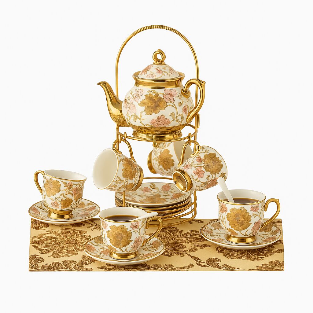 Elegant 20-Piece Floral Ceramic Tea Set with Metal 1 each