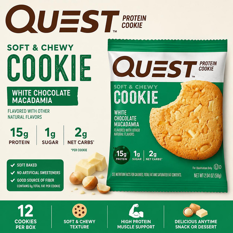 Quest White Choc Macadamia Cookie 2.04oz 12ct 1 each