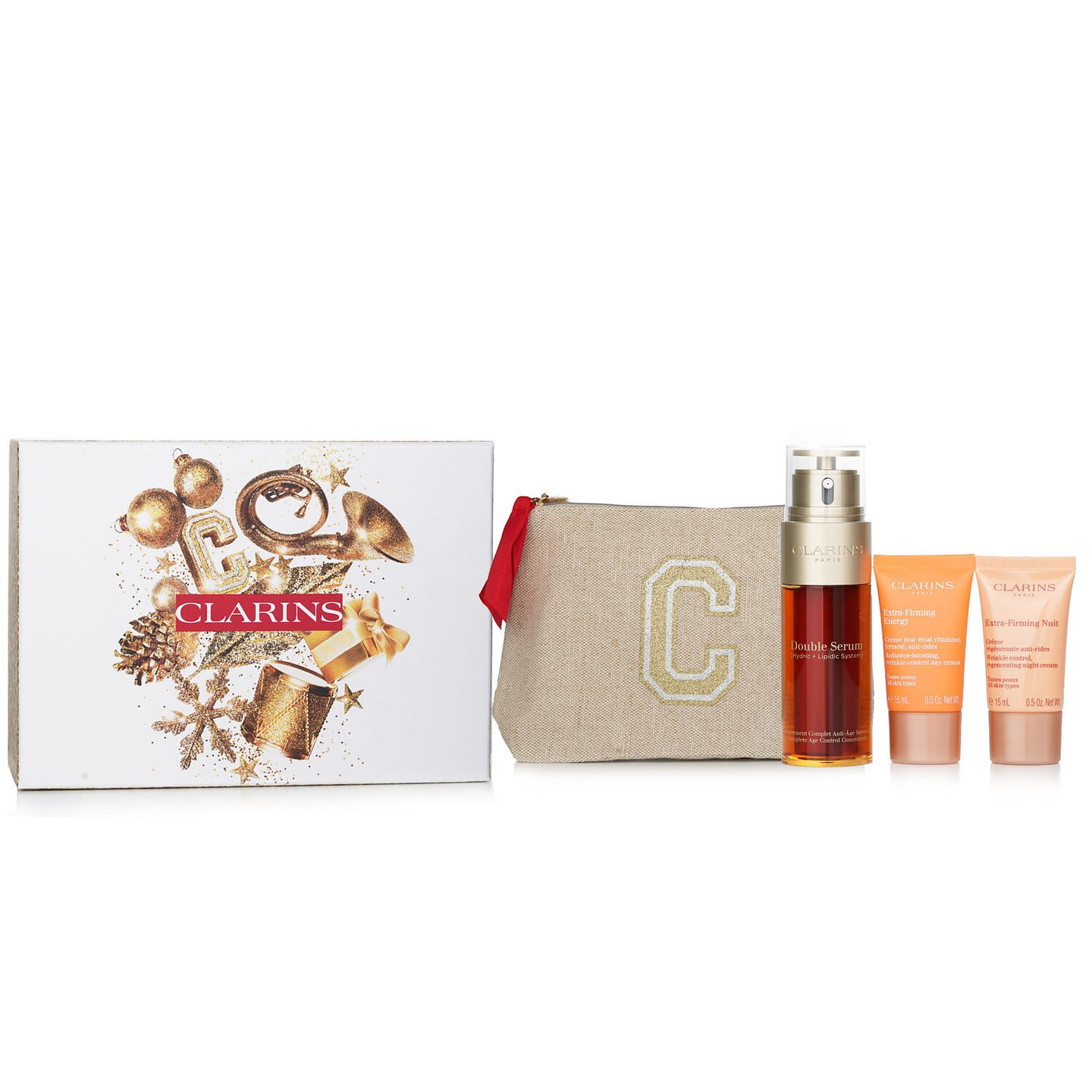 Clarins Rituale Double Serum & Extra Firming Set: Double Serum 50ml+Extra Firming Day Cream 15ml+Night Cream 15ml+Pouch 3 bottle