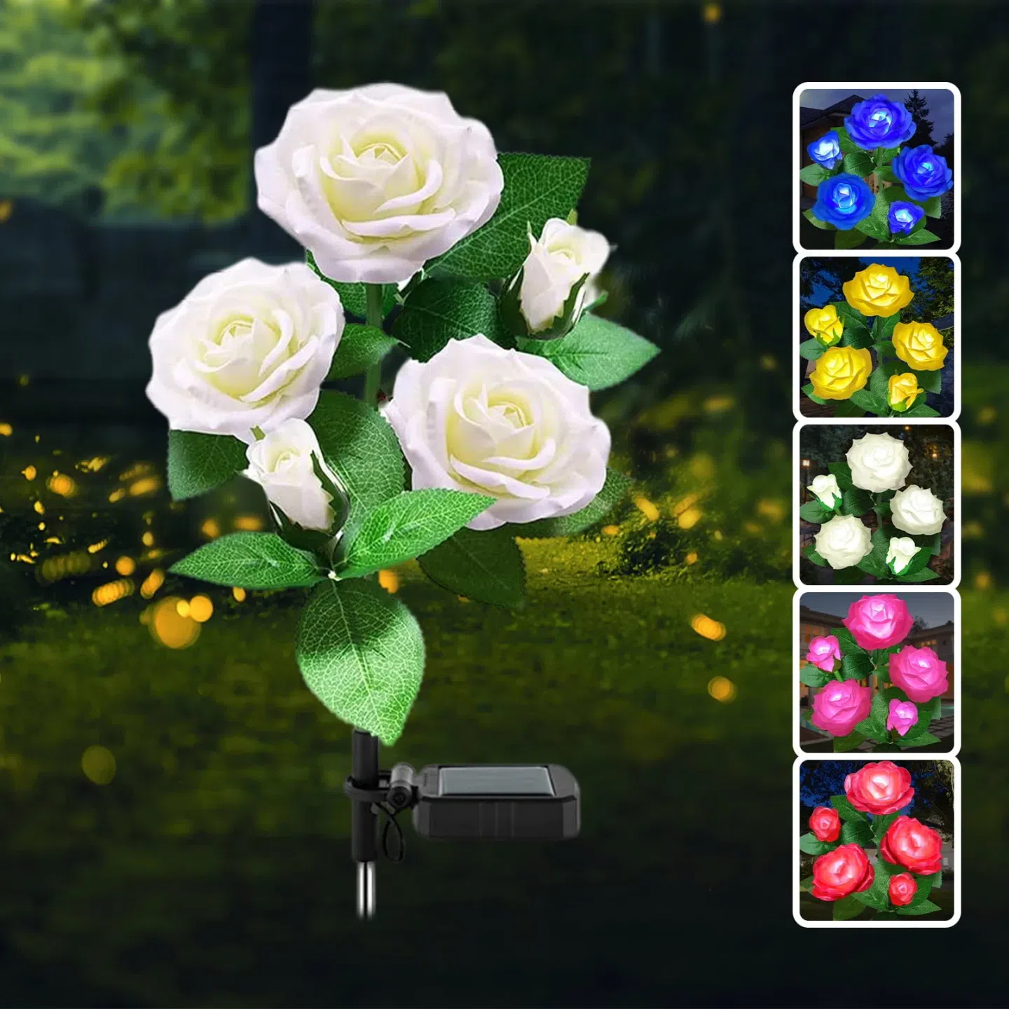 LED Solar Flower Light, Outdoor Solar Landscape Lights with 5 Rose Flowers, Waterproof Solar Garden Lights for Patio Yard Pathway Decoration, White 1 each