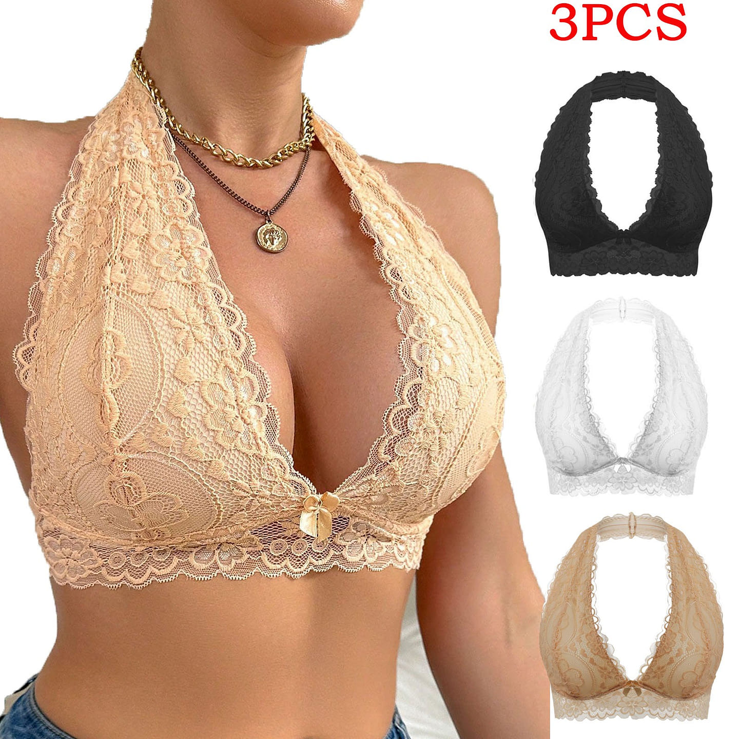 Women 3PCS Multi Color V-neck Halter Lace Bra -L 50 g