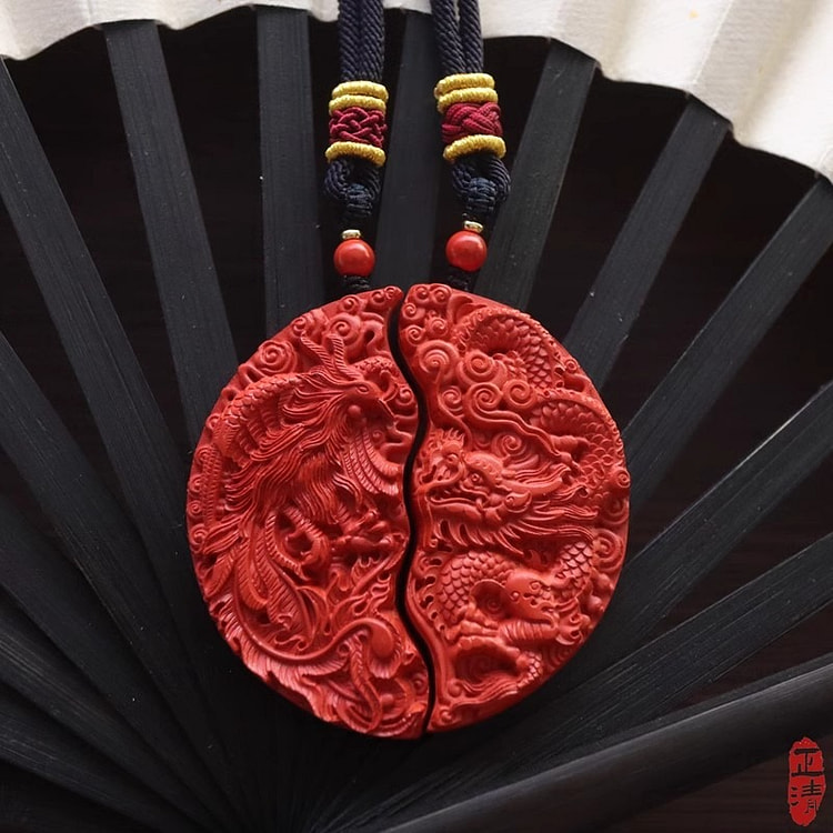 天然朱砂龙凤牌 情侣本命年平安项链护身符挂件1套