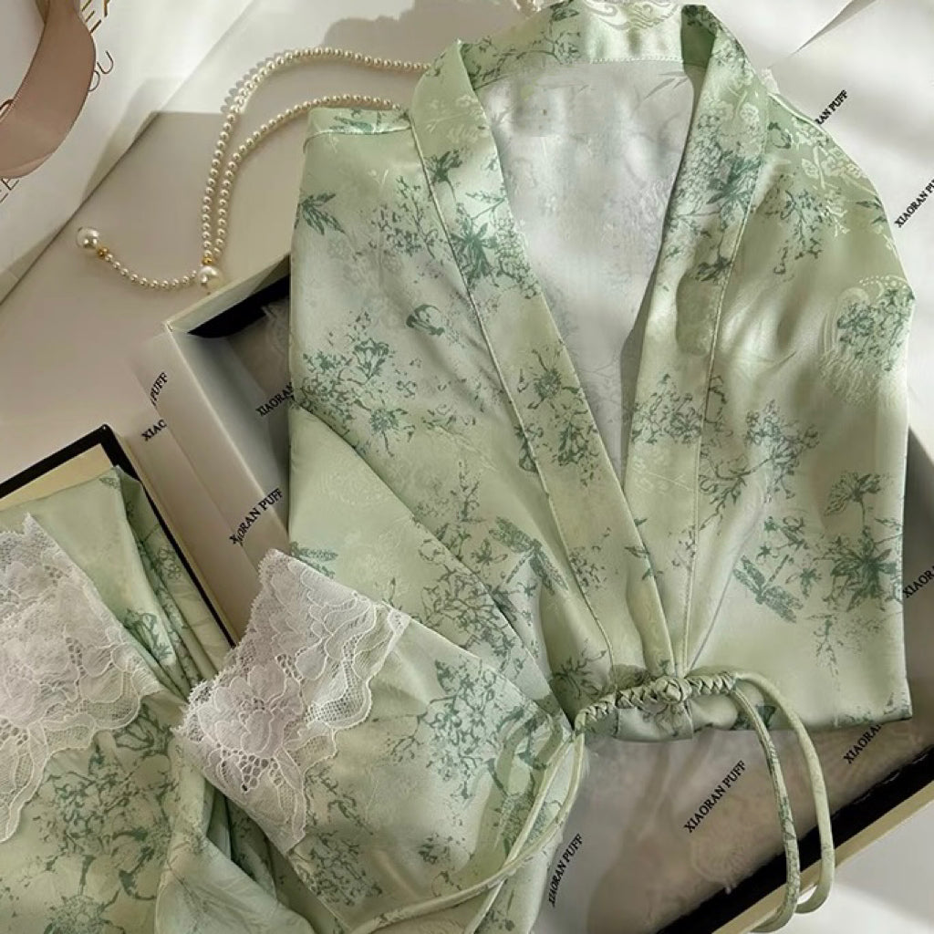 LULLABUY 晚亭林荫 禅意新中式国风长袖冰丝家居服睡衣套装 XL 2000 克