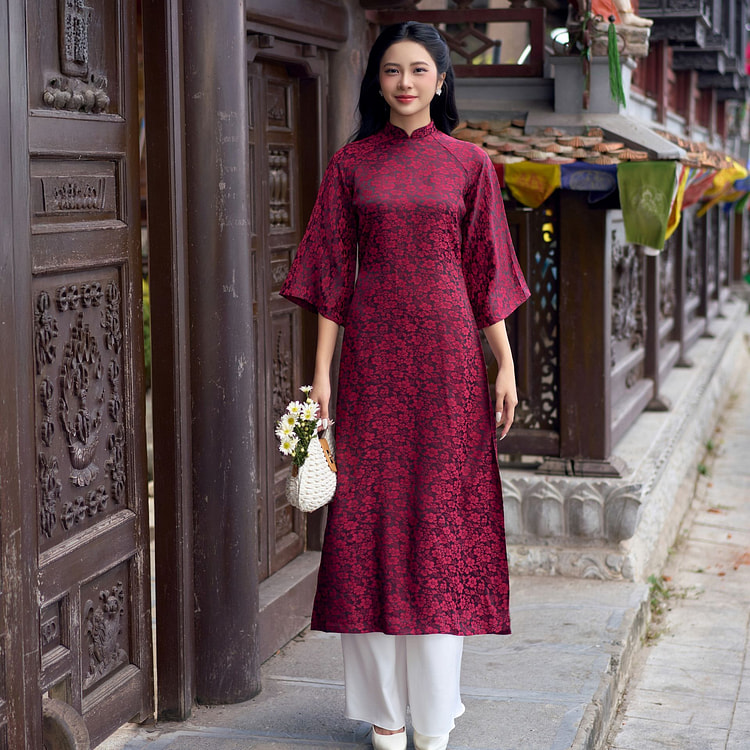 Traditional Ao Dai Maroon Color Size M