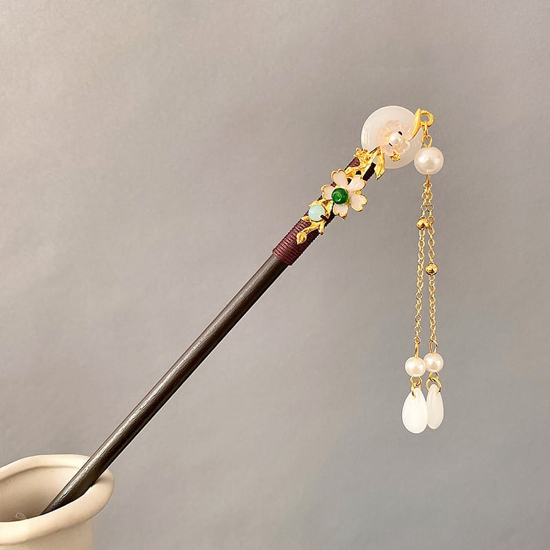 Wooden Hairpin Chinese Style-Sweet-White Jade 1 each