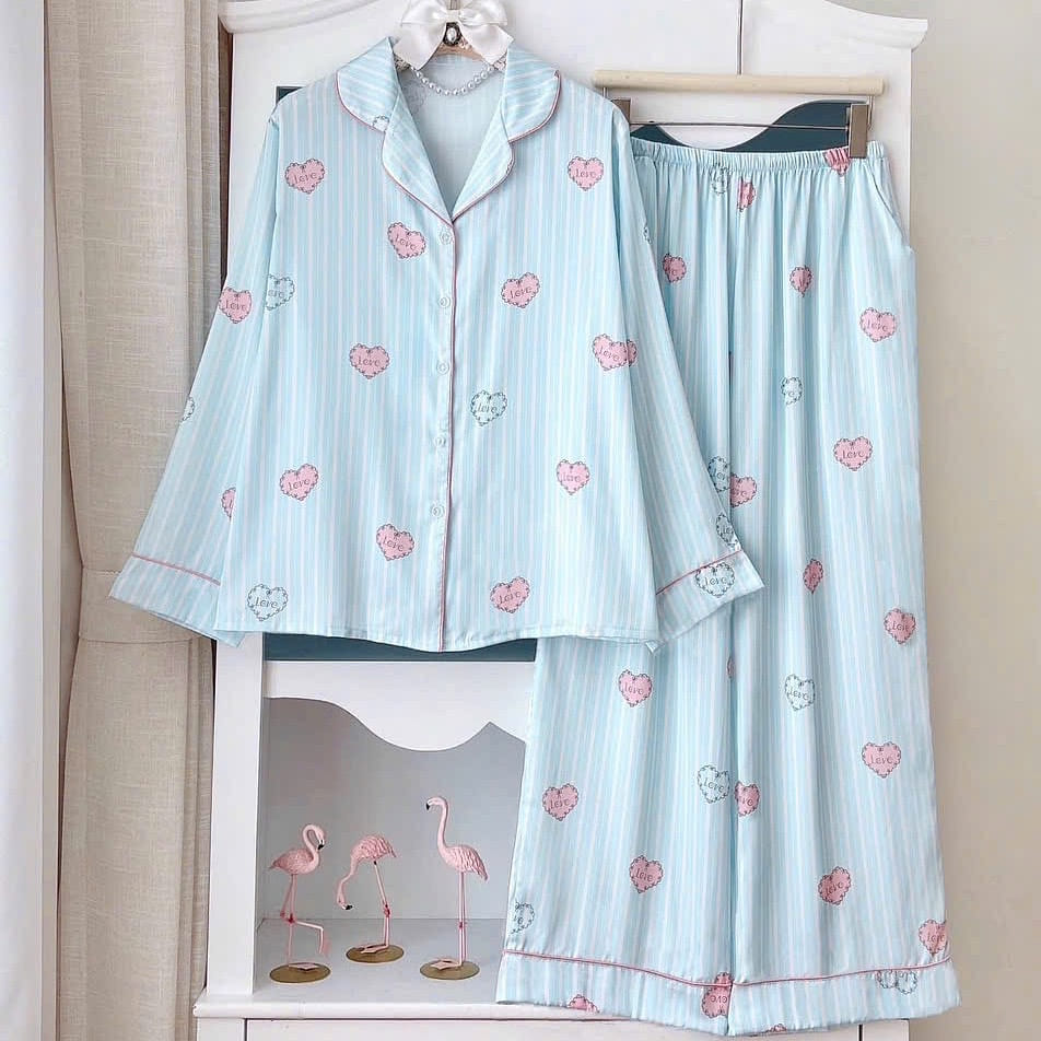 Premium Silk Blue White Striped Pink Hearts Pajama 1 count