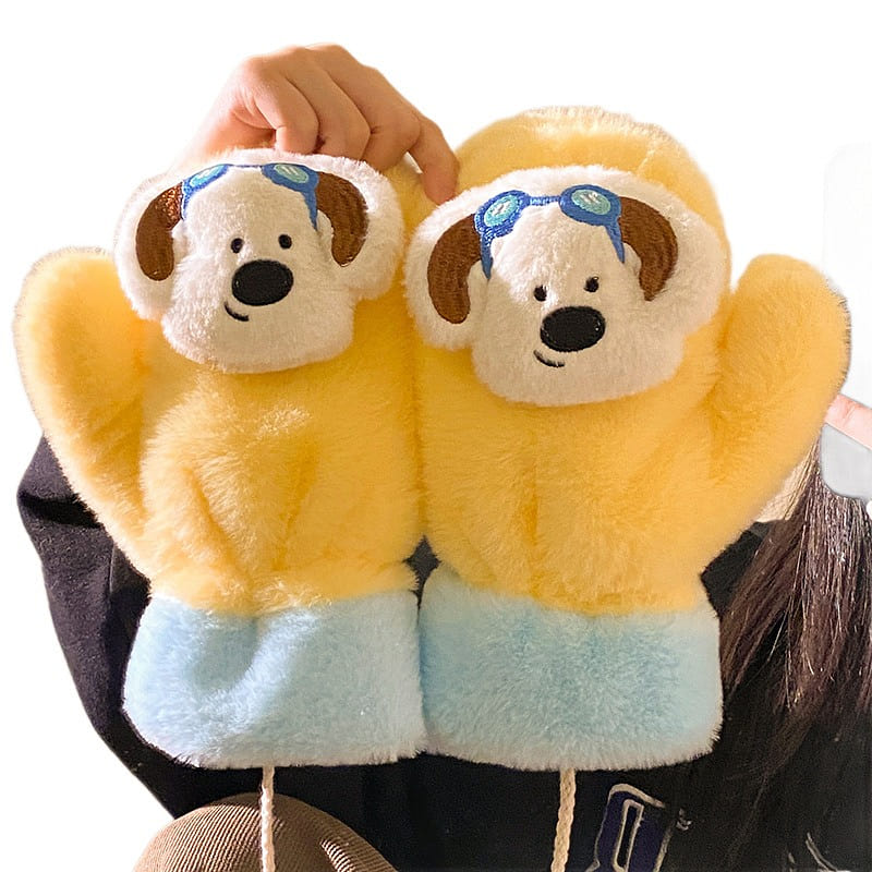 Cute Little Dog Yellow Plush Mittens Brushed 1 each