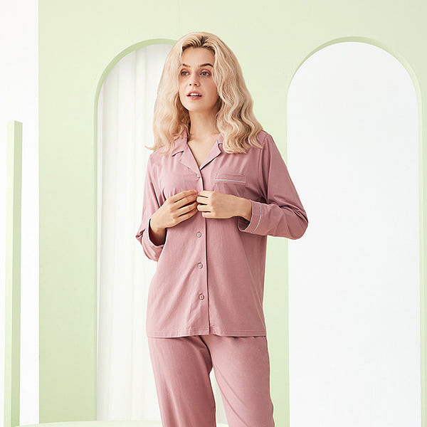 LULLABUY 舒睡亲肤 兰精天丝纯色睡衣套装女士家居服 L码 胭脂粉