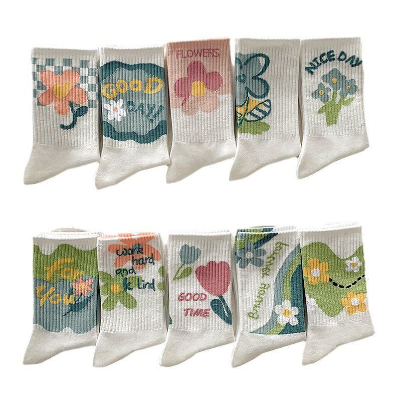 Women’s Mid-calf Socks 10 Pairs, Floral Socks, Versatile Forest Style 1 count