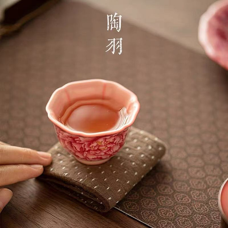 手工汝窑猪油冻牡丹反口杯花瓣茶杯品茗杯高端功夫茶具