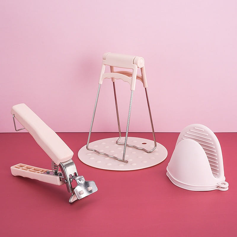 [ Kitchen artifact ] Bowl holder+tray extractor+glove anti scald artifact pink 1 each