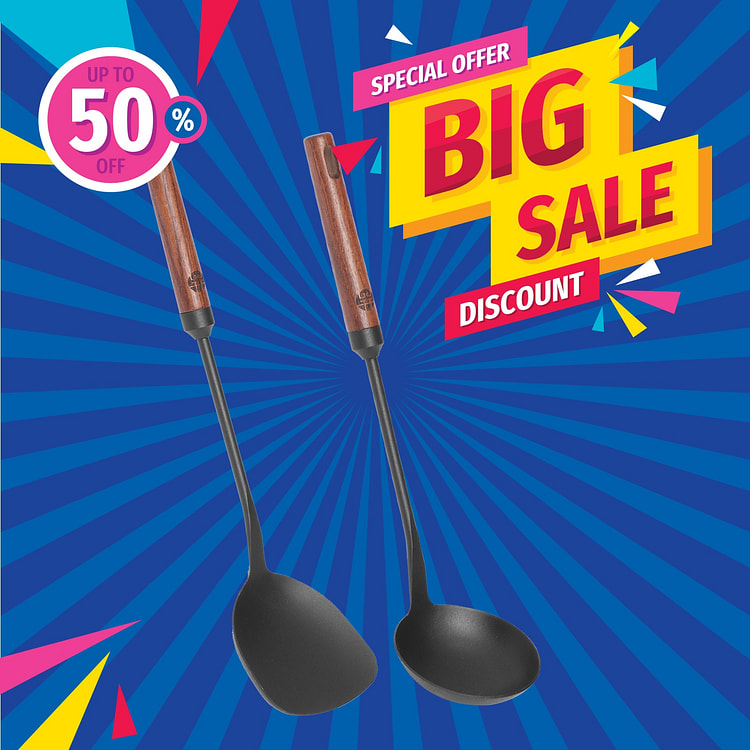 2X Cooking Iron Spatula Spoon Long Beech Handle
