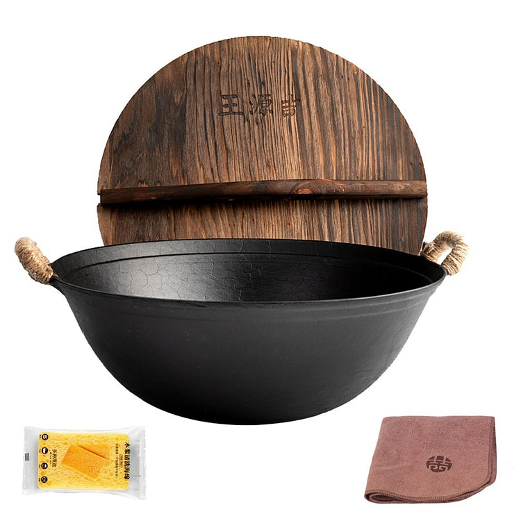 WANGYUANJI Round Bottom Cast Iron Serving Pot With Wooden Lid Pre-Seasoned 