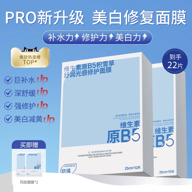 积雪草b5面膜补水美白晒后修复保湿10片*2盒