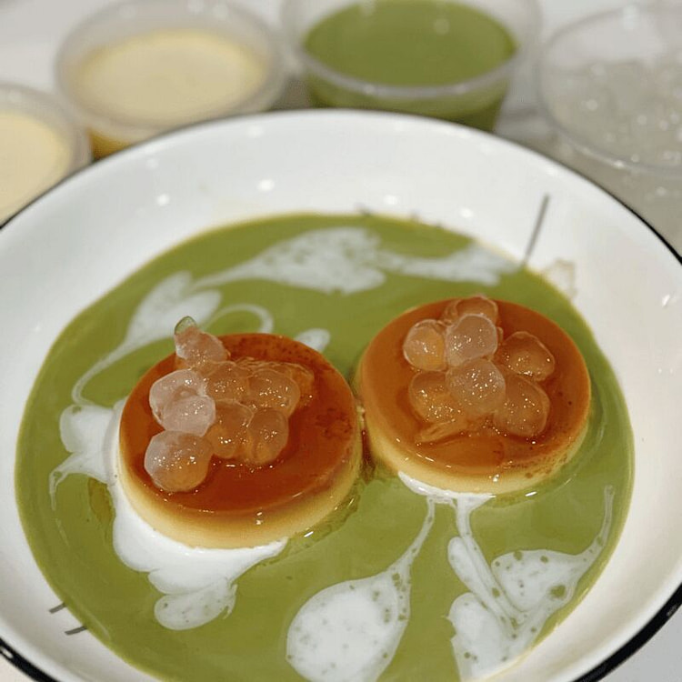 Caramel pudding w. matcha sauce+boba(4pcs) 1 count
