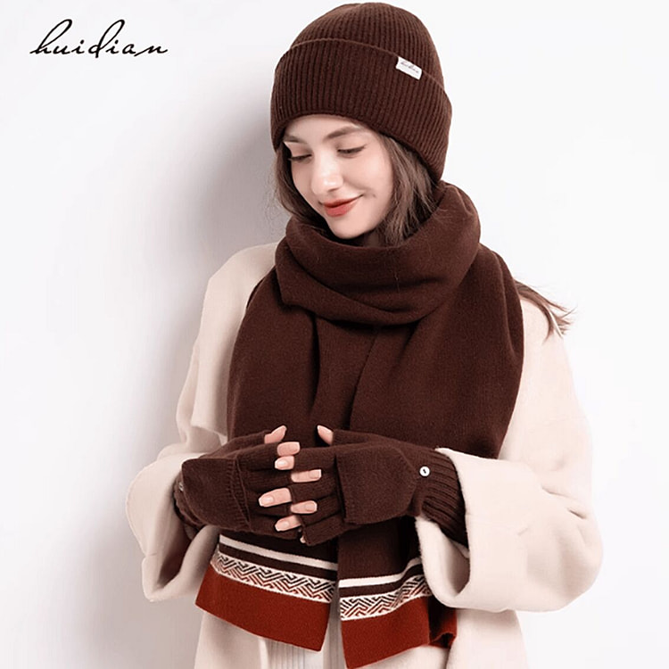 纯羊毛女士围巾帽子手套咖色 1 盒
