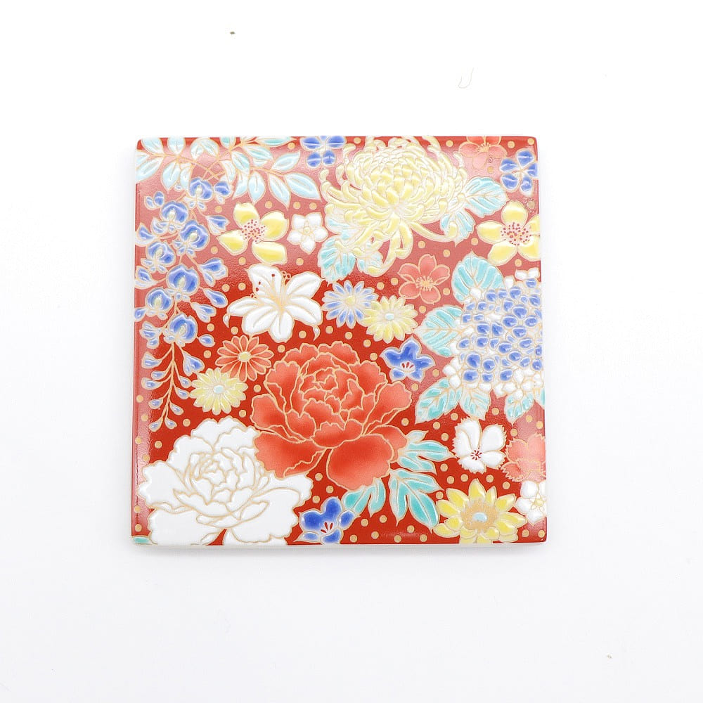 Kutani Ware Handmade Square Coaster (Red Flower, 3.54 x 3.54) Made in JP 1 each