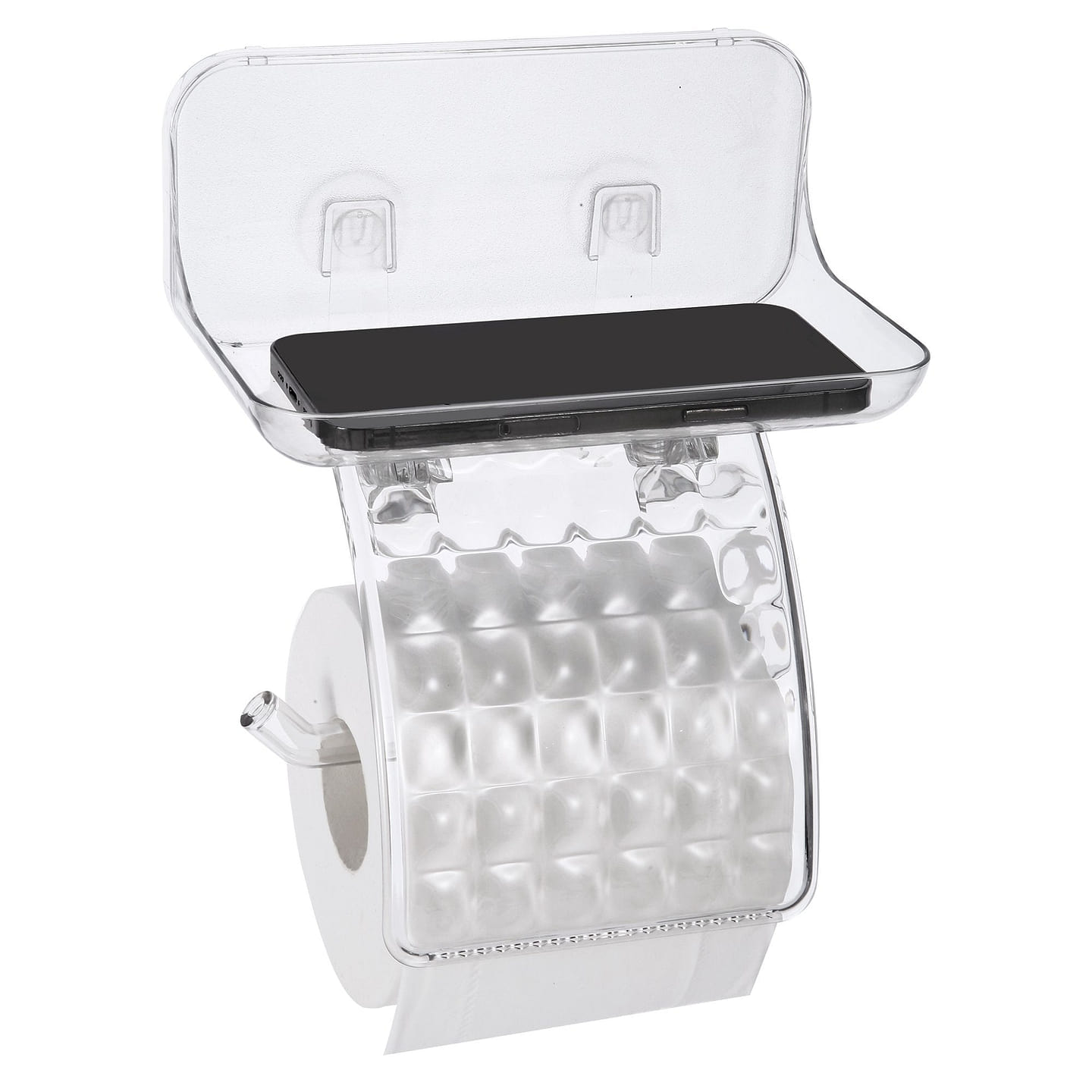 Toilet Paper Holder, ROSELIFE Tissue Holder w/ Phone Tray, Traceless Super Sticky Gel Pad installation, Clear Sticky 1 each