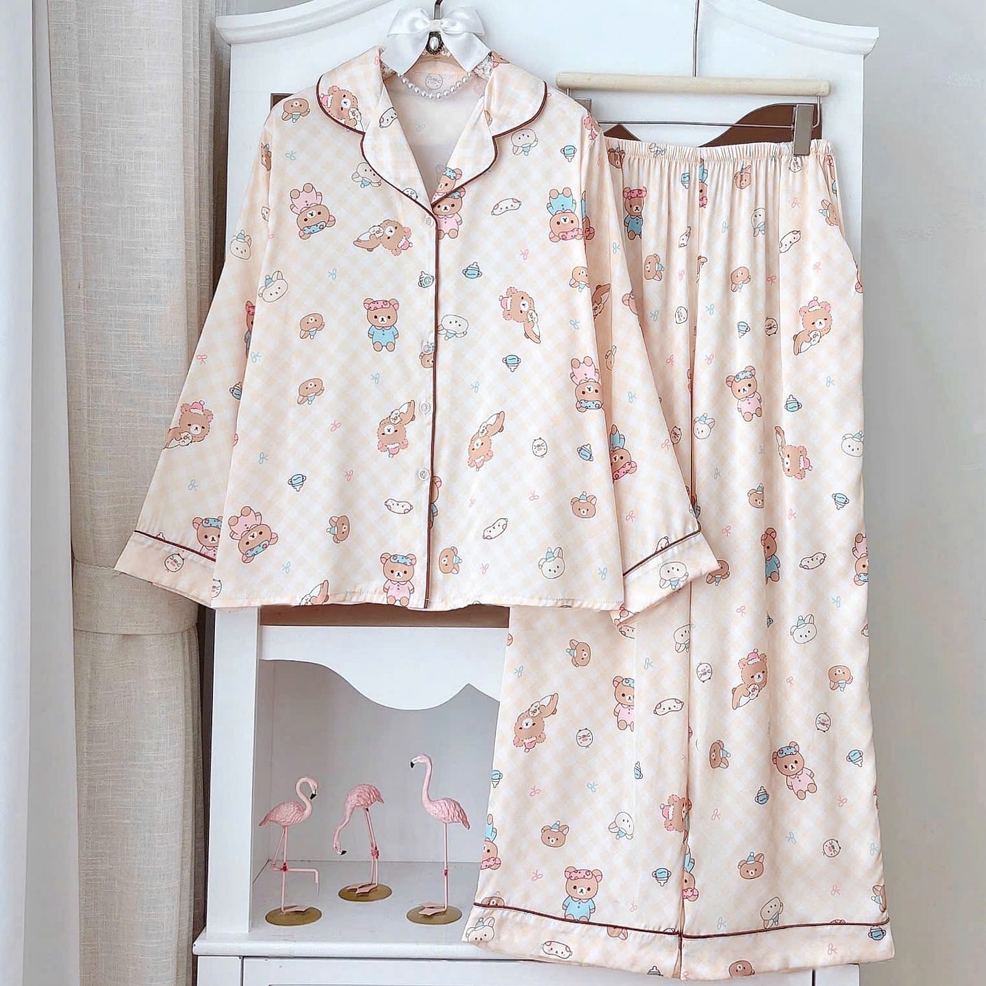 Premium Silk Yellow Cream Plaid Brown Bear Pajama 1 count
