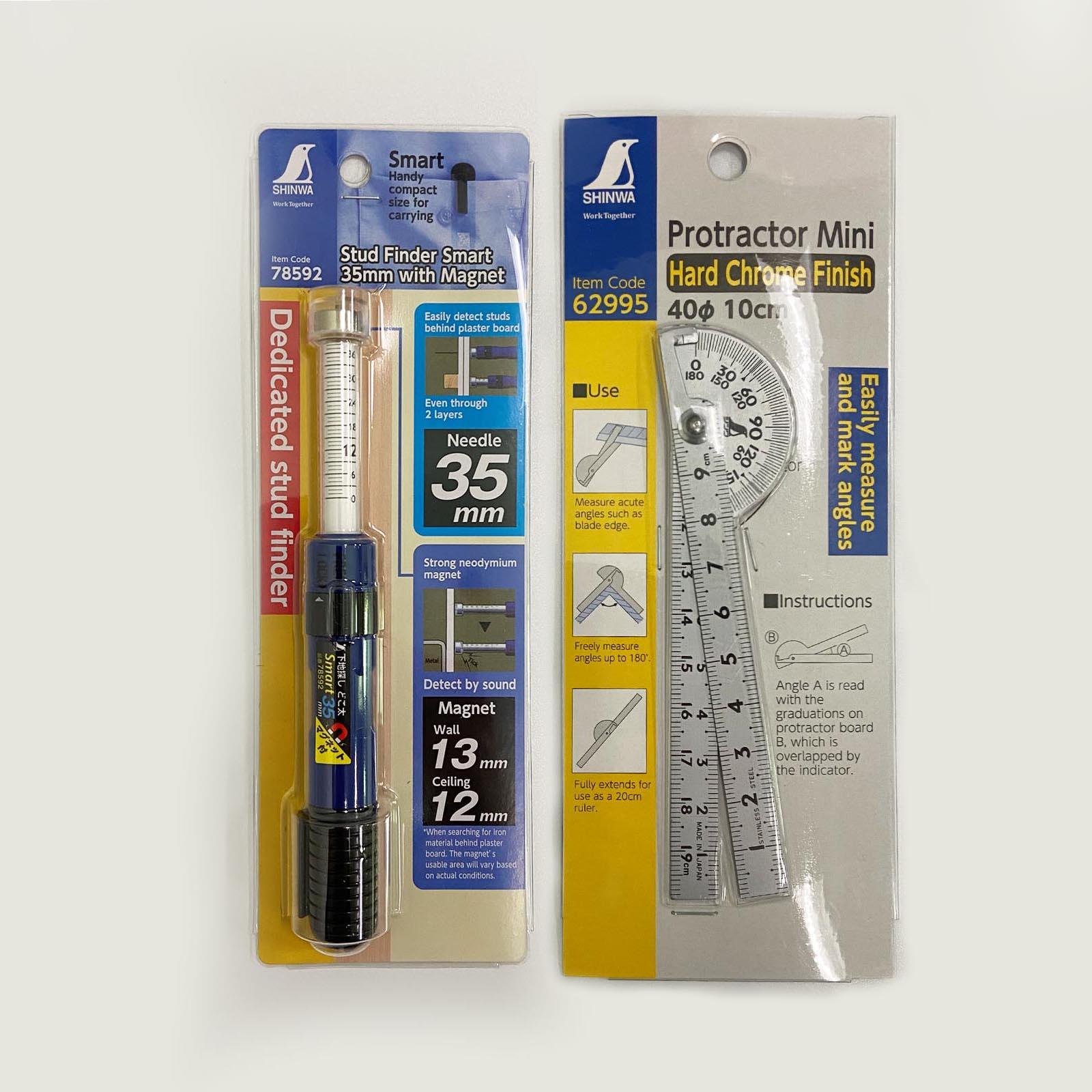 Get Shinwa Protractor Hard Chrome φ40 10 cm1pc and Stud Finder 1PC Made