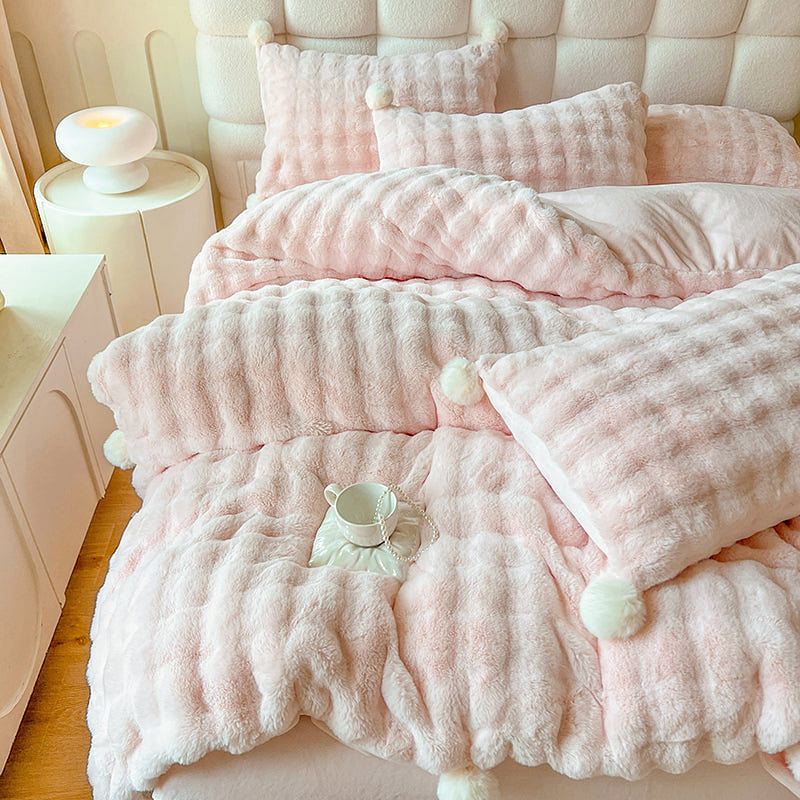 LULLABUY Puff Trim Bedding Set 4pcs Set Pink Double Size 2000 g
