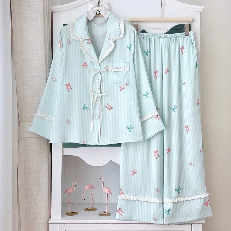 Premium Silk Blue Bow White Pleated Trim Pajama 1 count