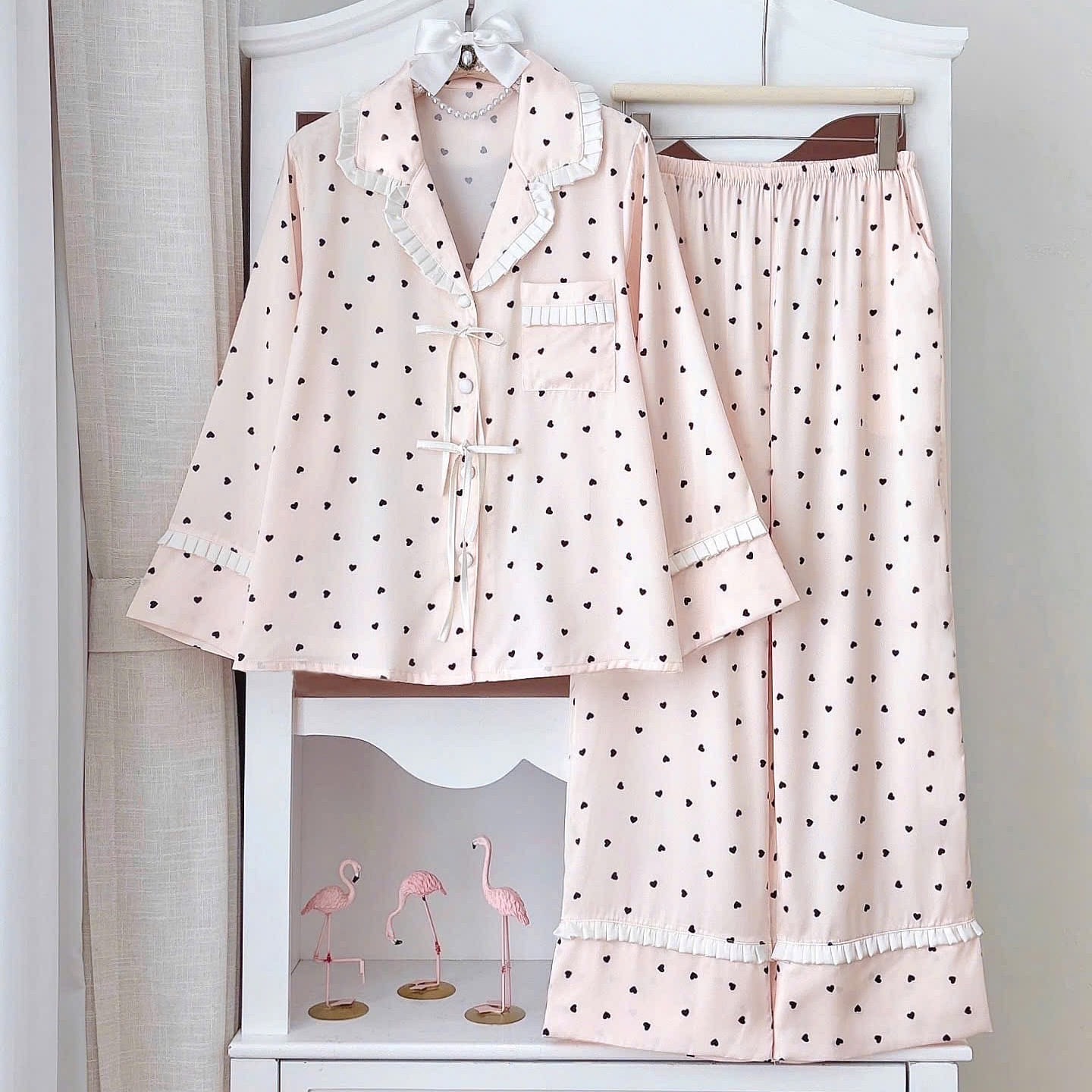 Premium Silk Little Heart Pleated Trim Pajama Set 1 count