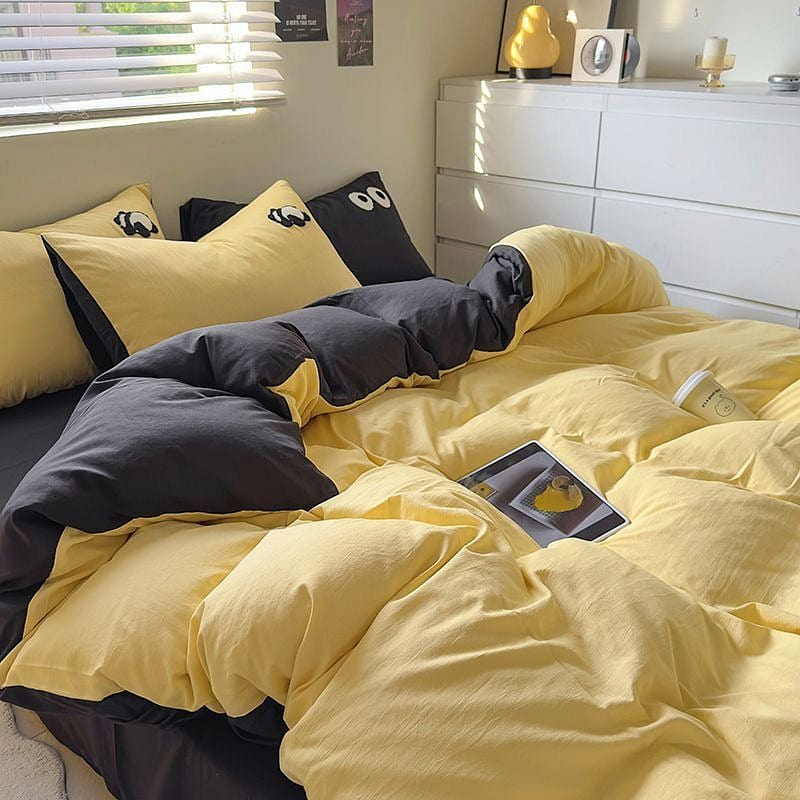 Bedding Set Queen Size Fitted Sheetx1 Duvet Coverx1 Pillow Casex2 Yellow 1 ส่วน