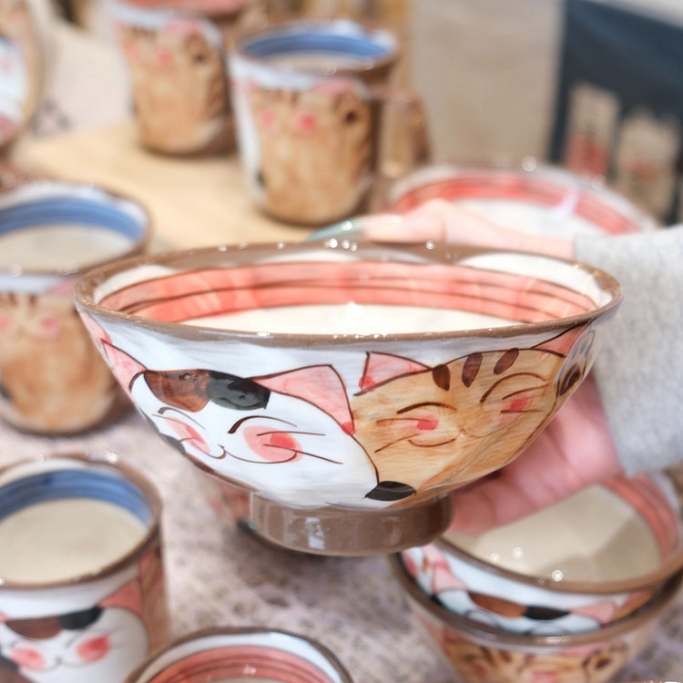 波佐见烧 猫咪14cm饭碗- 红色
