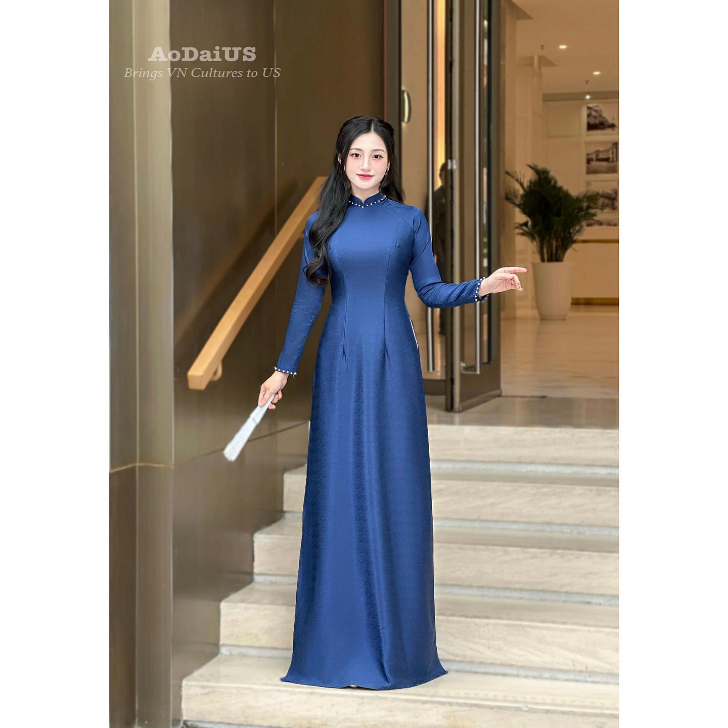Pearl-embellished Blue Ao Dai Viet NO PANTS B8 2XL 1 each