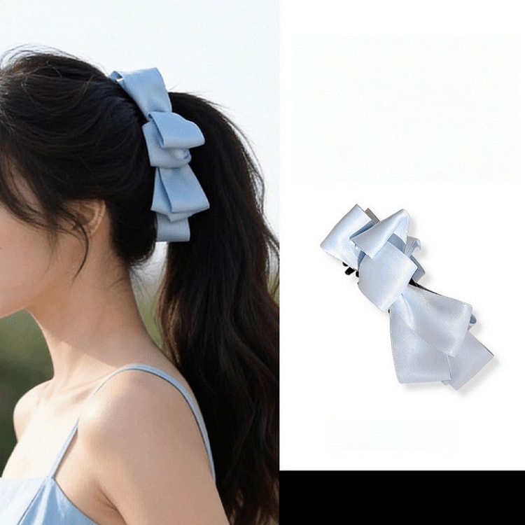 Satin Bow Banana Clip 16cm-Haze Blue 1 count