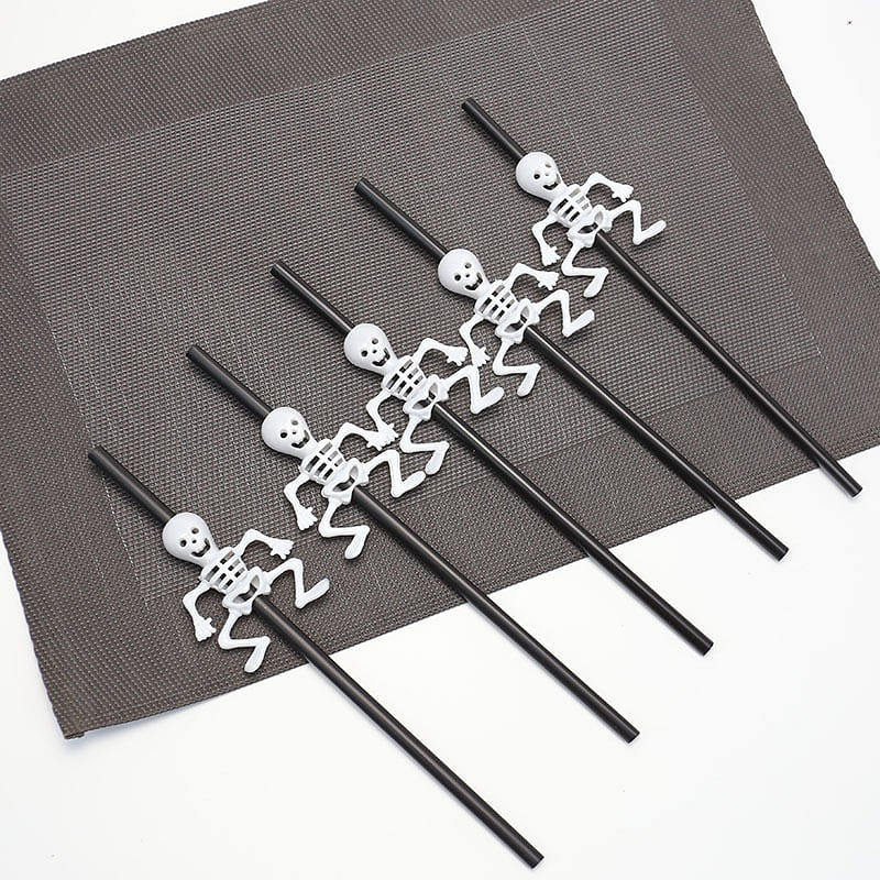 Hallowmas Straw Party Decorations -Black Skull 5Pc 1 each