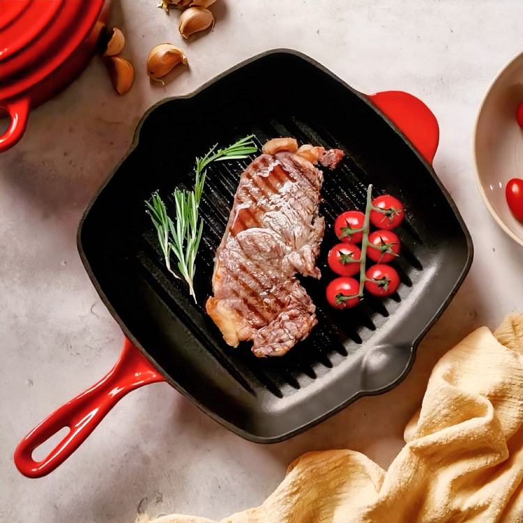 10 Inch Enameled Cast Iron Square Grill Pan - Red 1 each