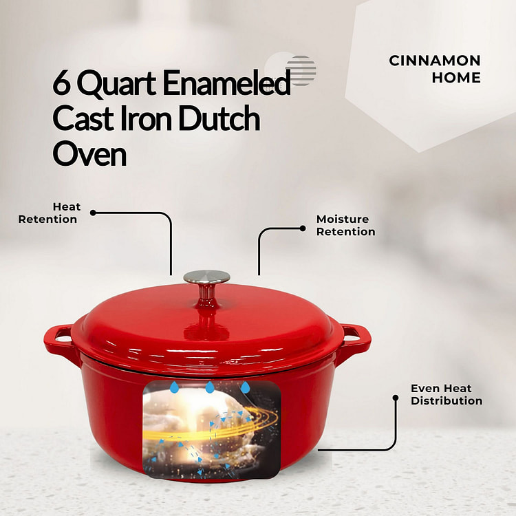 Cinnamon 6QT经典红珐琅锅 焖烧煮炖煲锅 1 份