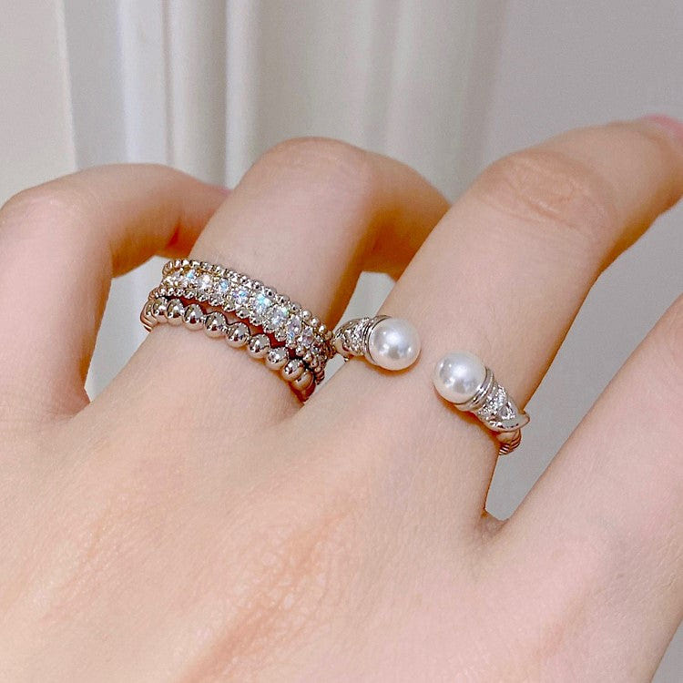 Twisted Pearl Open Ring: Double Pearl Weave with Full Diamond Wide Band 5 lb