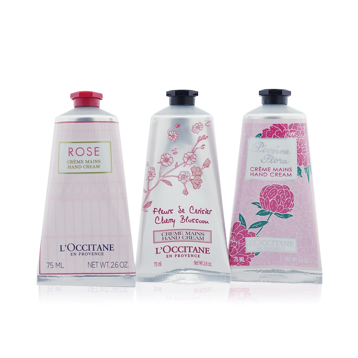 L’Occitane Pink Flowers Hand Cream Collection: Pivoine Flora + Rose + Cherry Blossom 3x75ml/2.6oz 3 ml