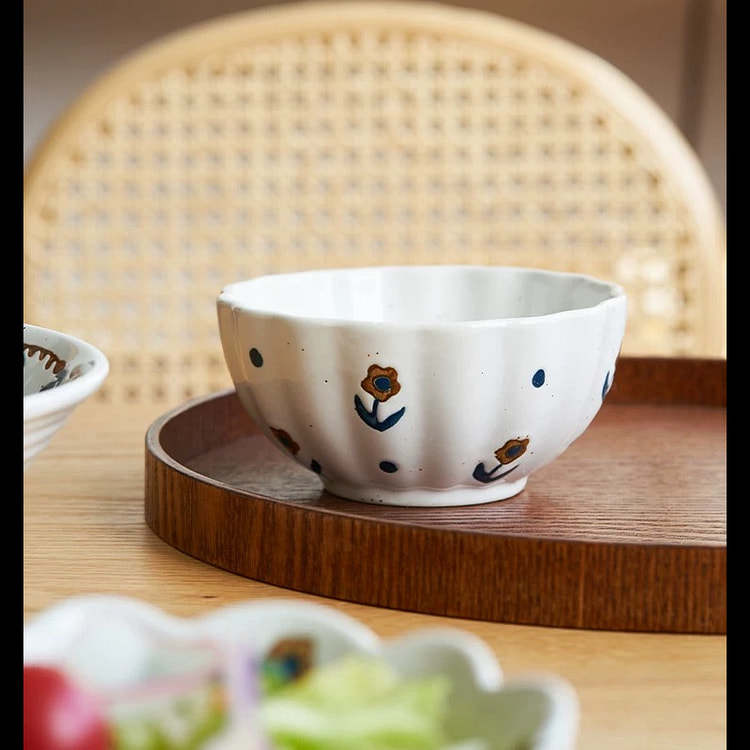 Japanese Vintage Floral Ceramic Rice Bowl 4.8"