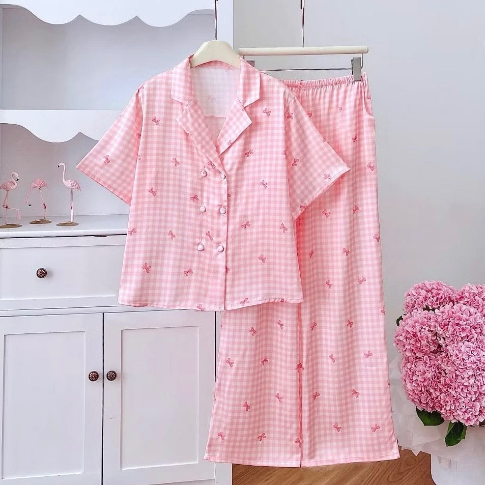Premium Silk Bow Pattern Cropped Style Pajama Set 1 count