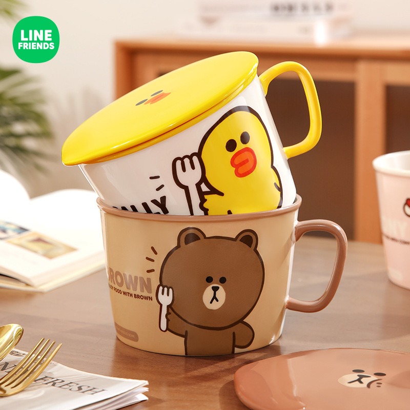 Get LINE FRIENDS Ceramic One Handle Noodle Bowl with Lid BROWN
