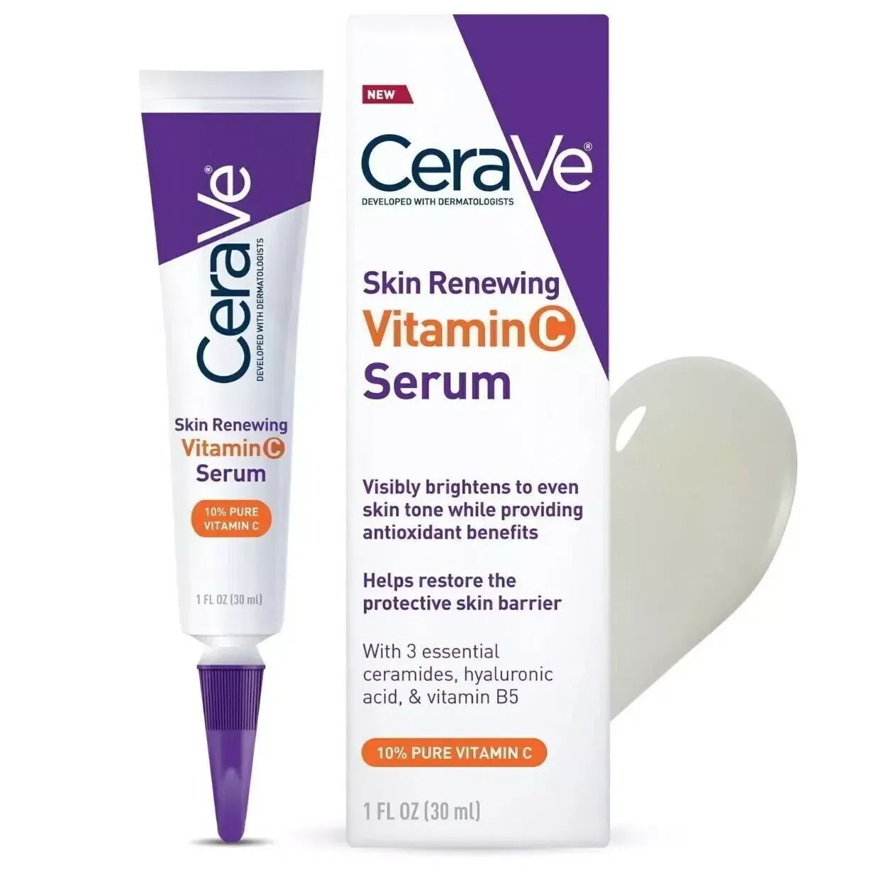 CeraVe Vitamin C Serum for Face with Hyaluronic Acid, Skin Brightening 1 fl oz 1 box