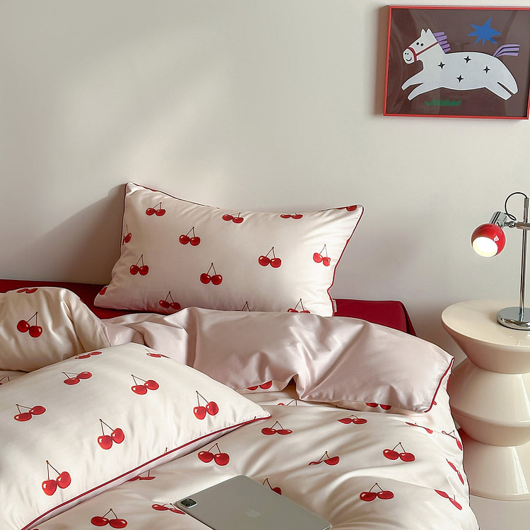 甜寐纯棉樱桃床上四件套（床笠款） 粉色-Q 2000 克