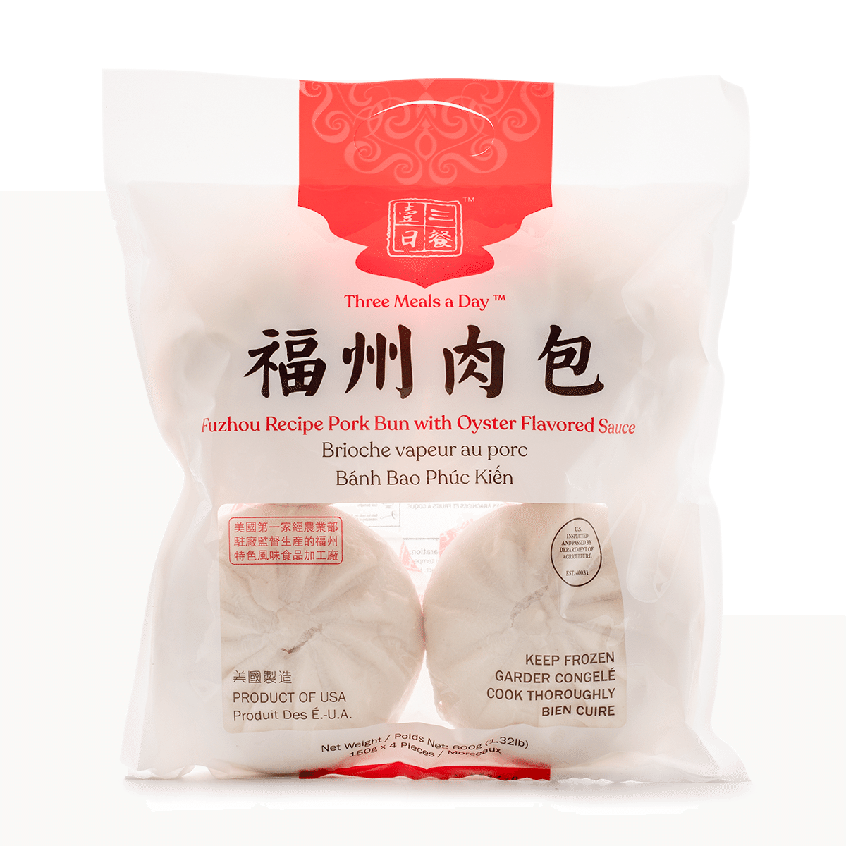 Three Meals a Day Fuzhou Brand Pork Buns 4pc, Frozen 1 lb