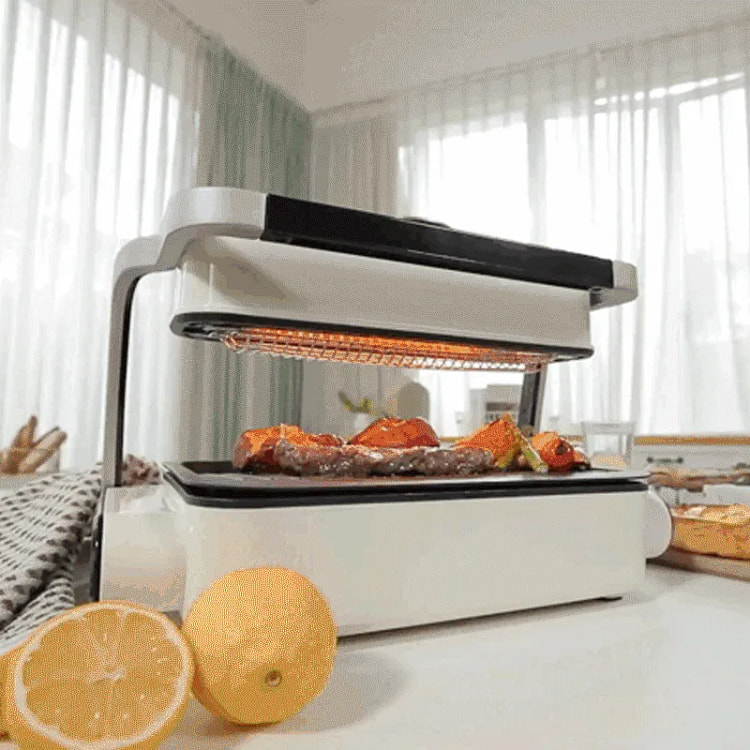 Caresys Double Care Grill - 白色/黑色1 件装 - 无烟、双加热、快速烹饪、KBBQ 电烧烤炉 - 适合2-3人