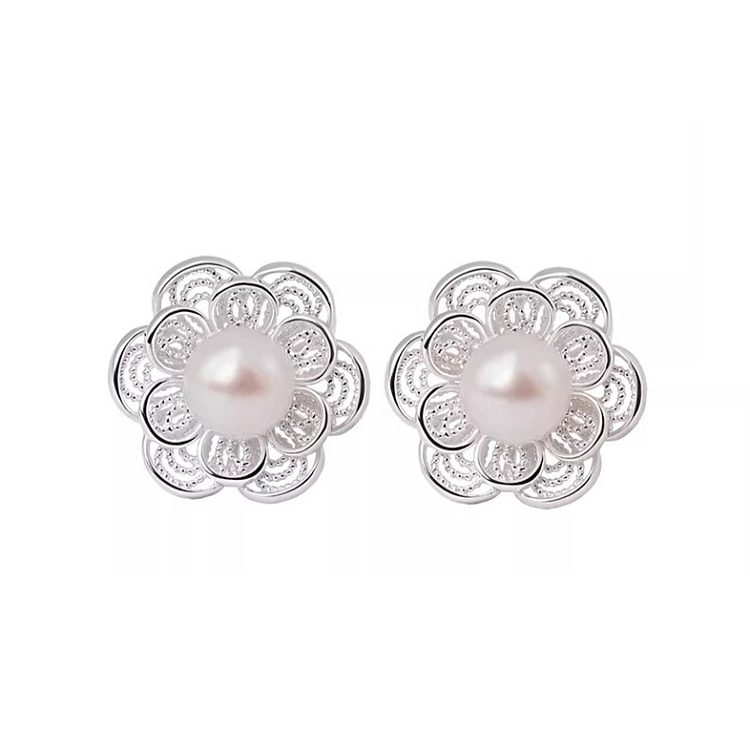 宫里上新 珍珠耳钉花朵耳饰 银色 10*10mm 1 盒