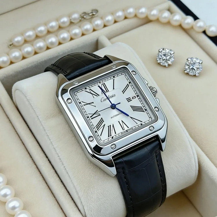 Men's Square Quartz Watch Roman Numeral Leather St 1 box