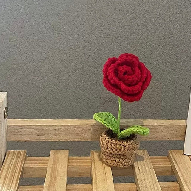 Handmade Knitted Crochet Yarn Bouquet Office Decor Red Rose Potted Plant 1 each