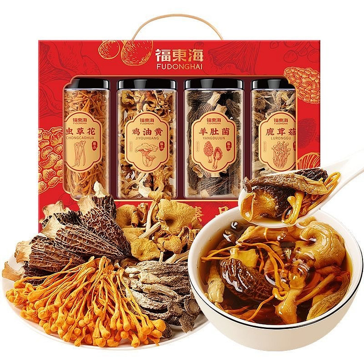 福东海 四拼菌菇礼盒 羊肚菌虫草花鹿茸菇鸡油黄