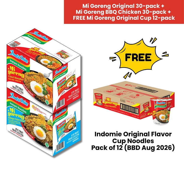 Indomie Fried + BBQ Chicken + original Cup Noodles 3 box