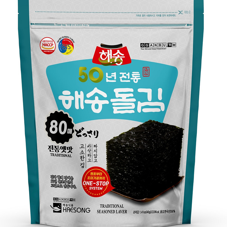 프리미엄 돌김 깐부 해송돌김 80매 지퍼백 파우치 / 짜지않은 프리미엄 돌김 / 비건 / 간식용